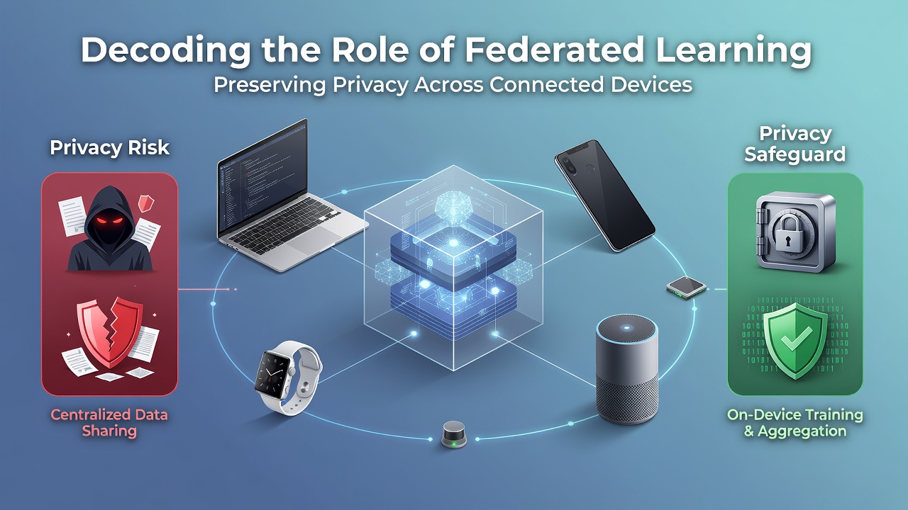 Illustration of federated learning process across multiple connected devices with privacy shields