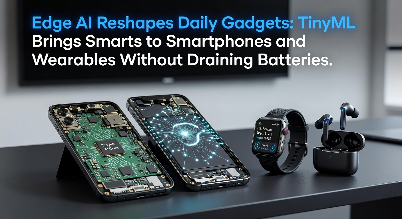 Smartphone and smartwatch displaying AI-driven features like real-time gesture recognition and voice commands, with low-power efficiency graphs overlaid