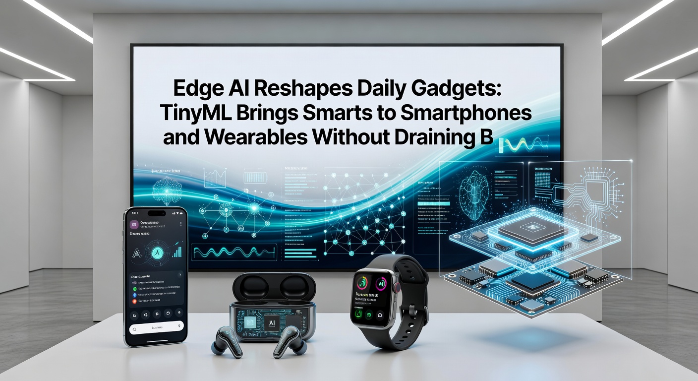 Close-up of a microcontroller chip running TinyML inference, surrounded by icons of battery icons staying full and AI computations flowing locally on wearables
