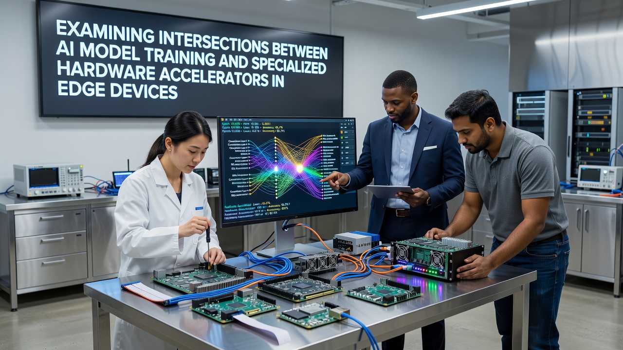 Edge device hardware accelerator board running AI training workloads with visible cooling components and connectivity ports