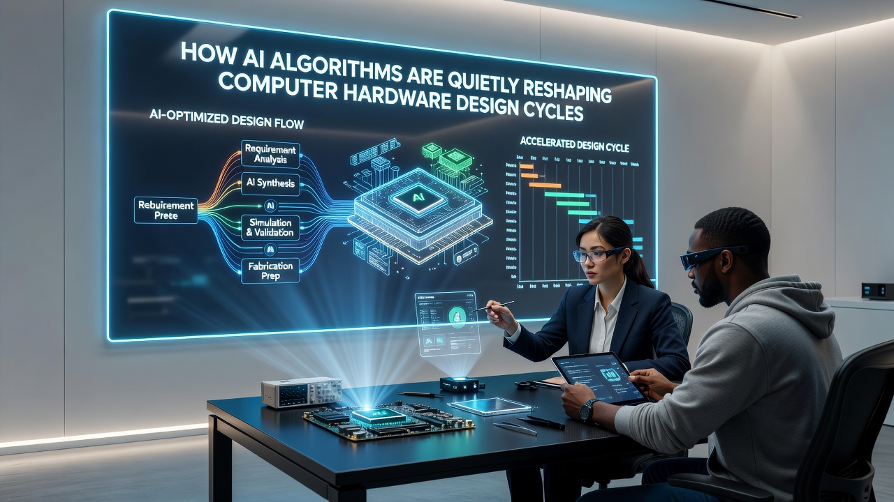 Detailed view of AI-driven hardware design tools analyzing chip layouts and performance metrics during an active development cycle