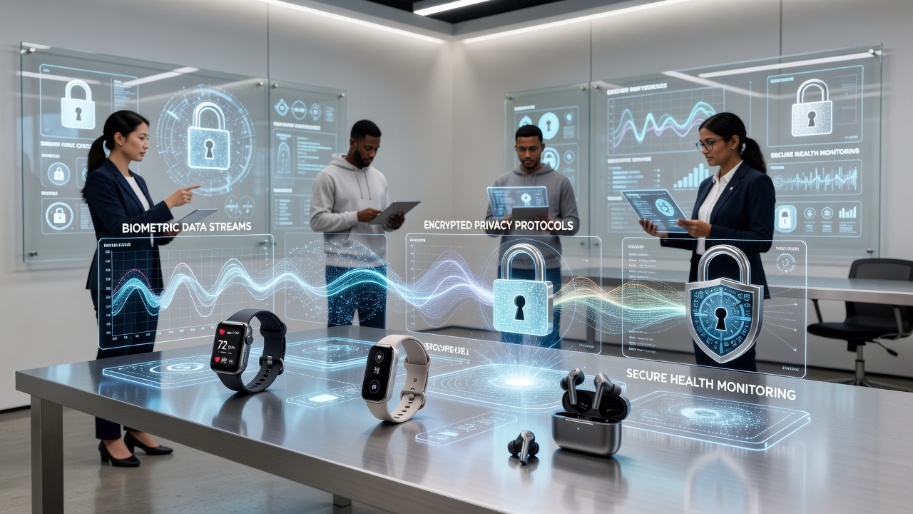 Close-up of data encryption process on a wearable device screen with privacy protocol icons