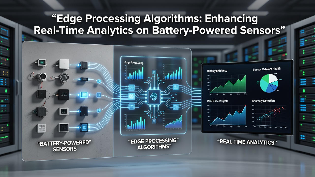 Close-up of a battery-powered sensor node running edge algorithms with overlaid performance metrics