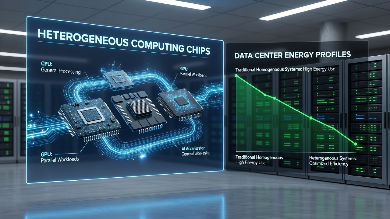 Data center server racks equipped with heterogeneous computing chips including GPUs and specialized accelerators