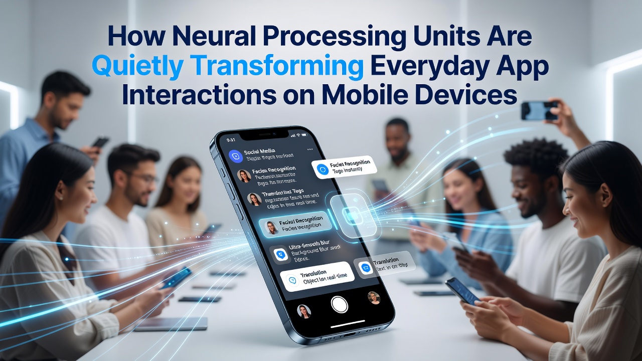 Mobile device displaying AI-enhanced app interfaces powered by neural processing units