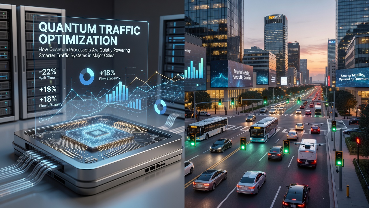City intersection with quantum-optimized traffic signals and sensor networks in operation