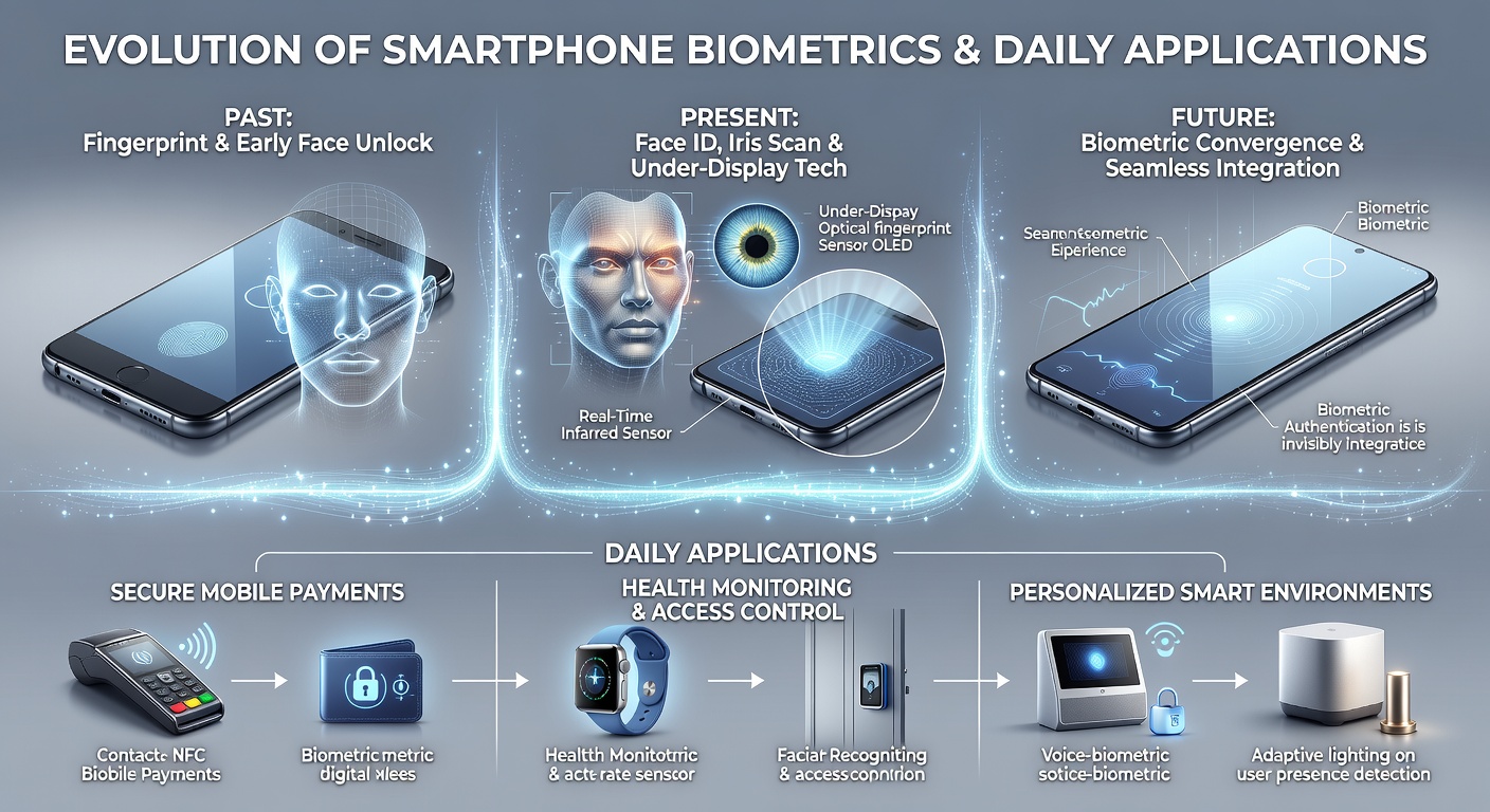 Smartphone biometric sensors evolving over time from fingerprint readers to advanced facial recognition systems