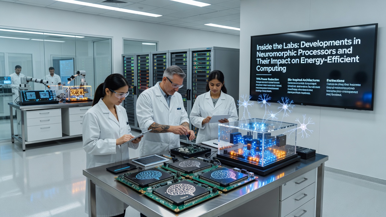 Researcher examining neuromorphic hardware test setup with energy measurement equipment and spiking neural network visualization on screen