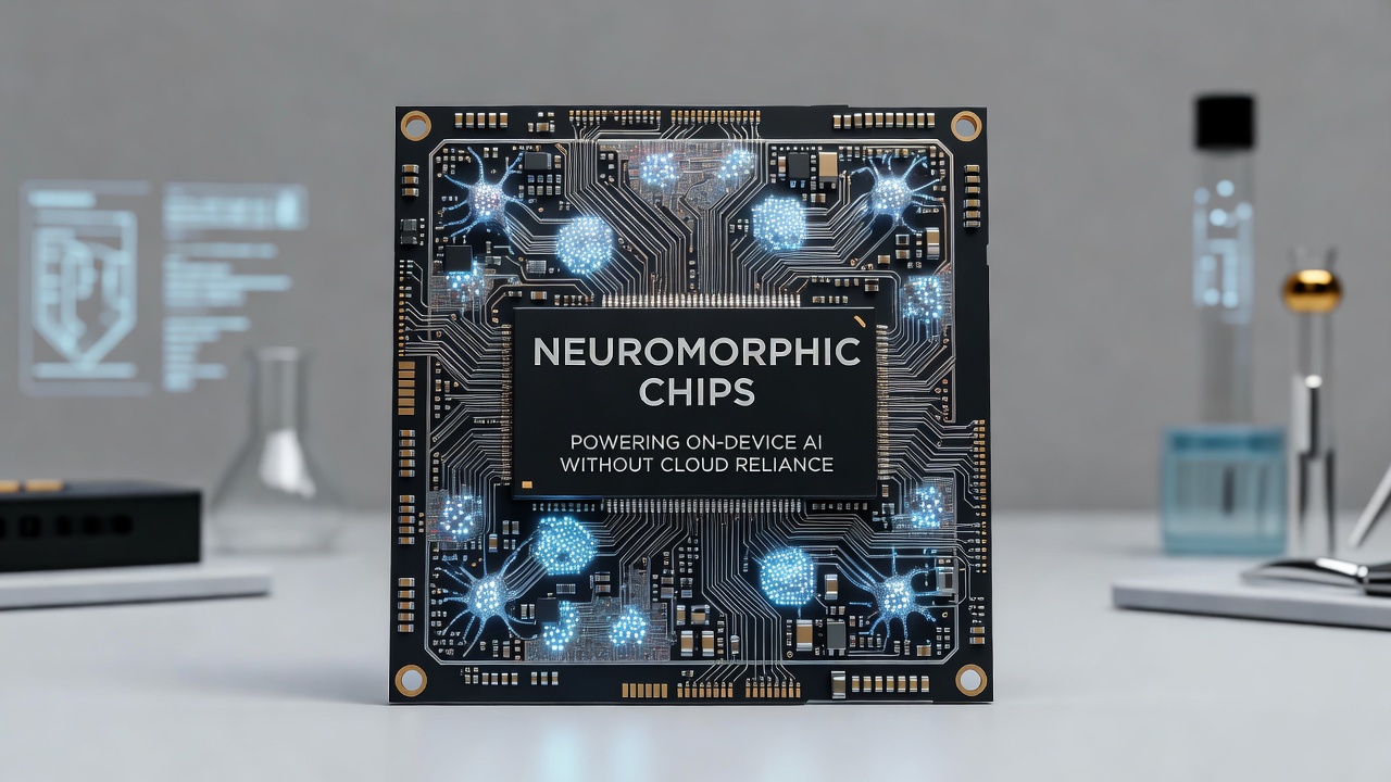 Neuromorphic chip architecture diagram showing neuron-like structures for on-device AI processing