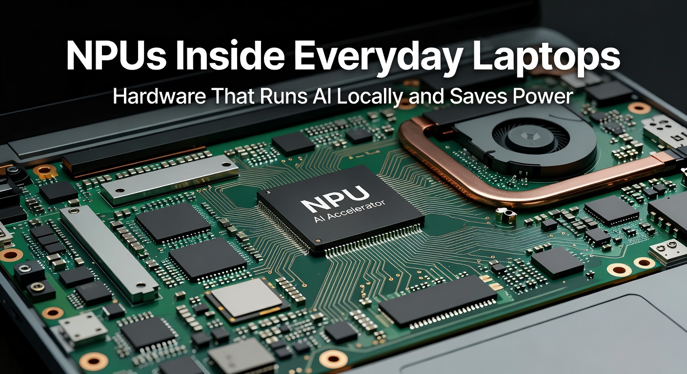 Close-up view of a modern laptop motherboard highlighting the NPU chip integrated alongside CPU and GPU components, showcasing compact AI hardware design