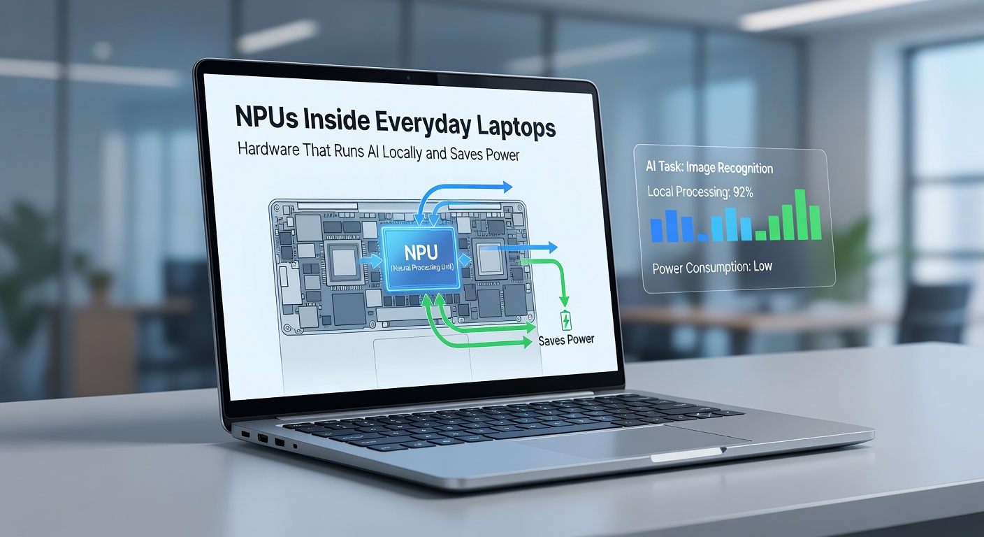 Infographic comparing power consumption of NPU versus CPU/GPU for AI tasks on laptops, with bar charts showing up to 70% energy savings in real-world scenarios