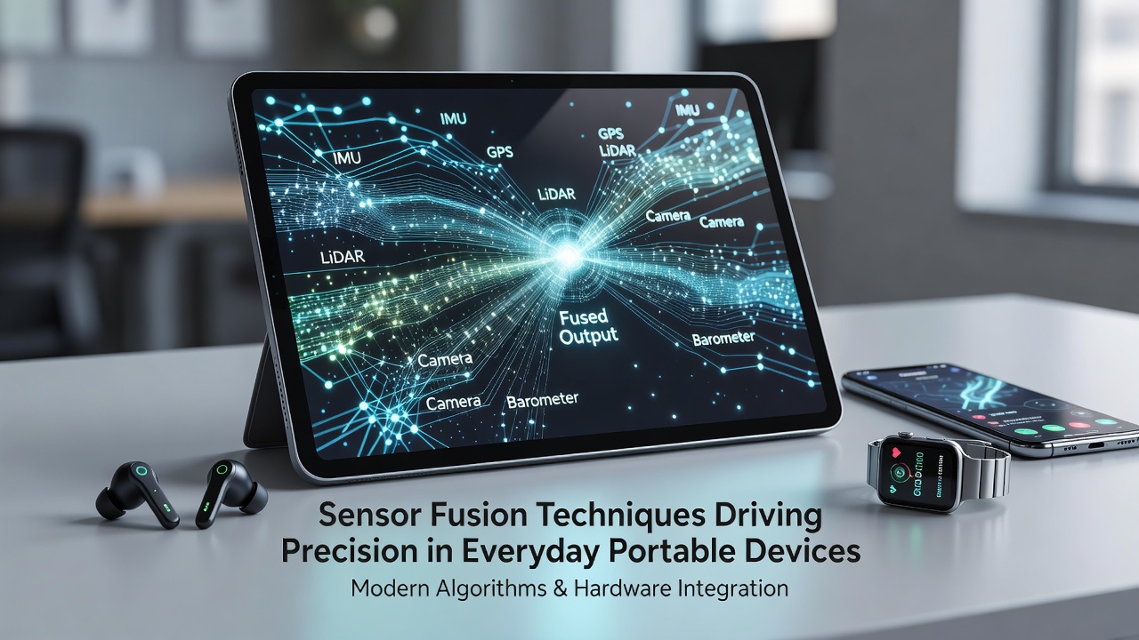 Close-up of smartphone sensors including accelerometer, gyroscope, and magnetometer integrated on a circuit board