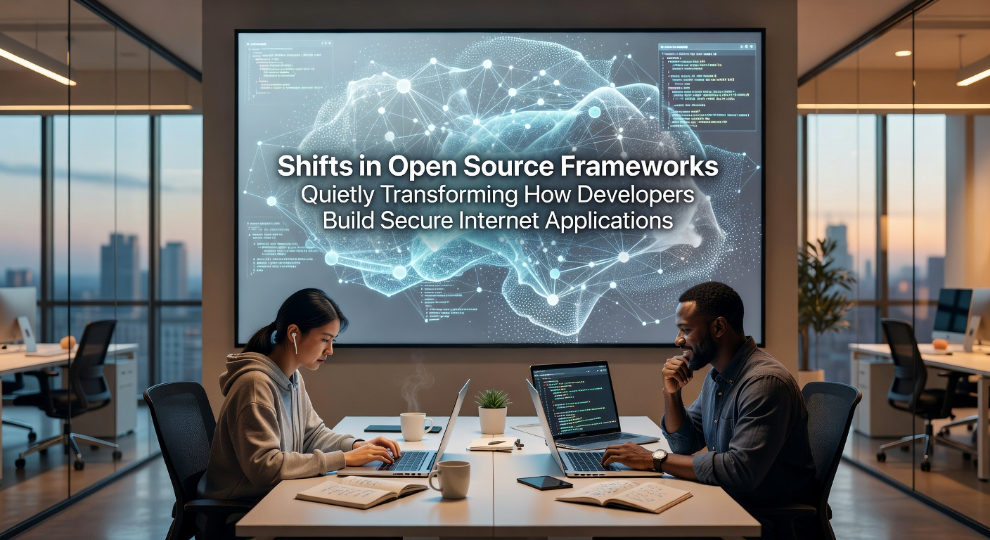 Developers collaborating on secure open source code for web applications in a modern workspace