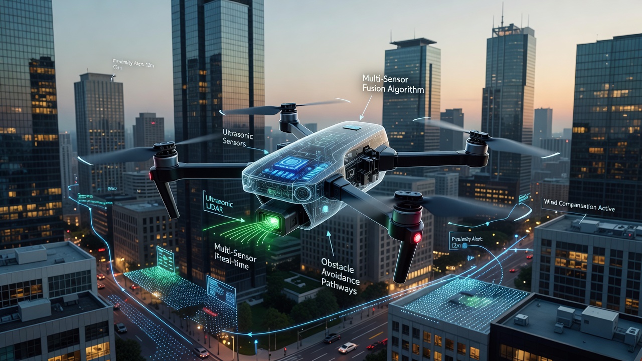 Close-up of drone sensor array and onboard processing unit during urban test flight