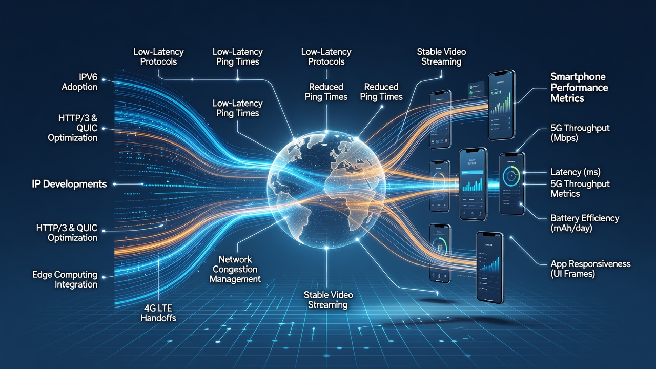 Diagram showing internet protocol layers connecting to smartphone network performance indicators