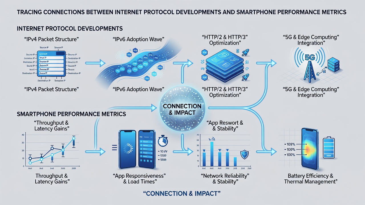 Graph illustrating protocol upgrade effects on smartphone latency and battery usage over time