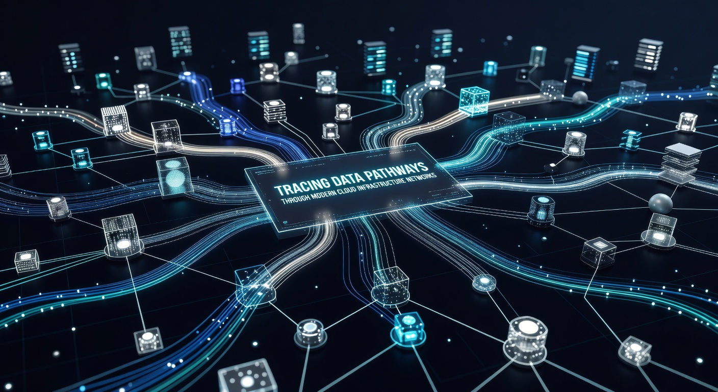 Diagram showing data flow visualization across interconnected cloud servers and network nodes