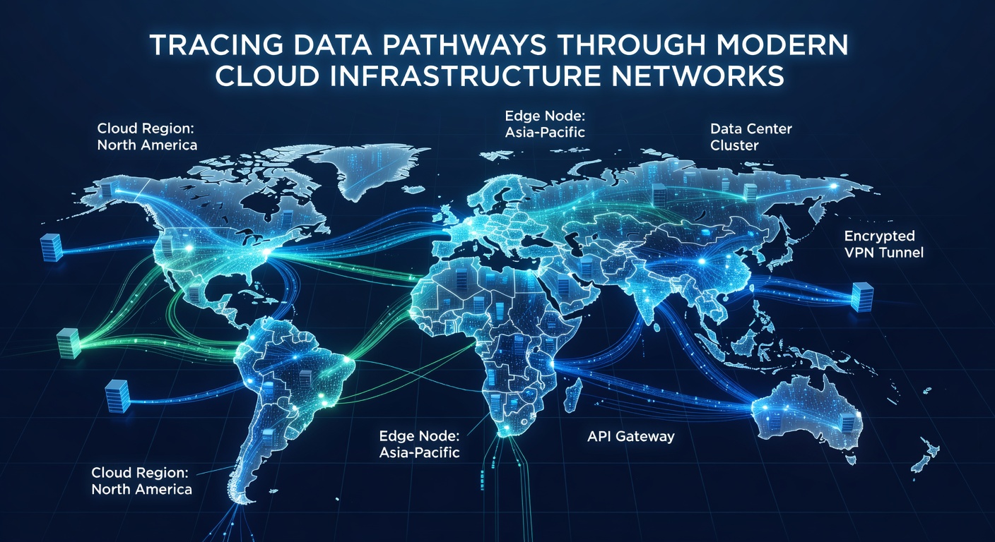 Illustration of network monitoring dashboards displaying real-time data pathway metrics and alerts