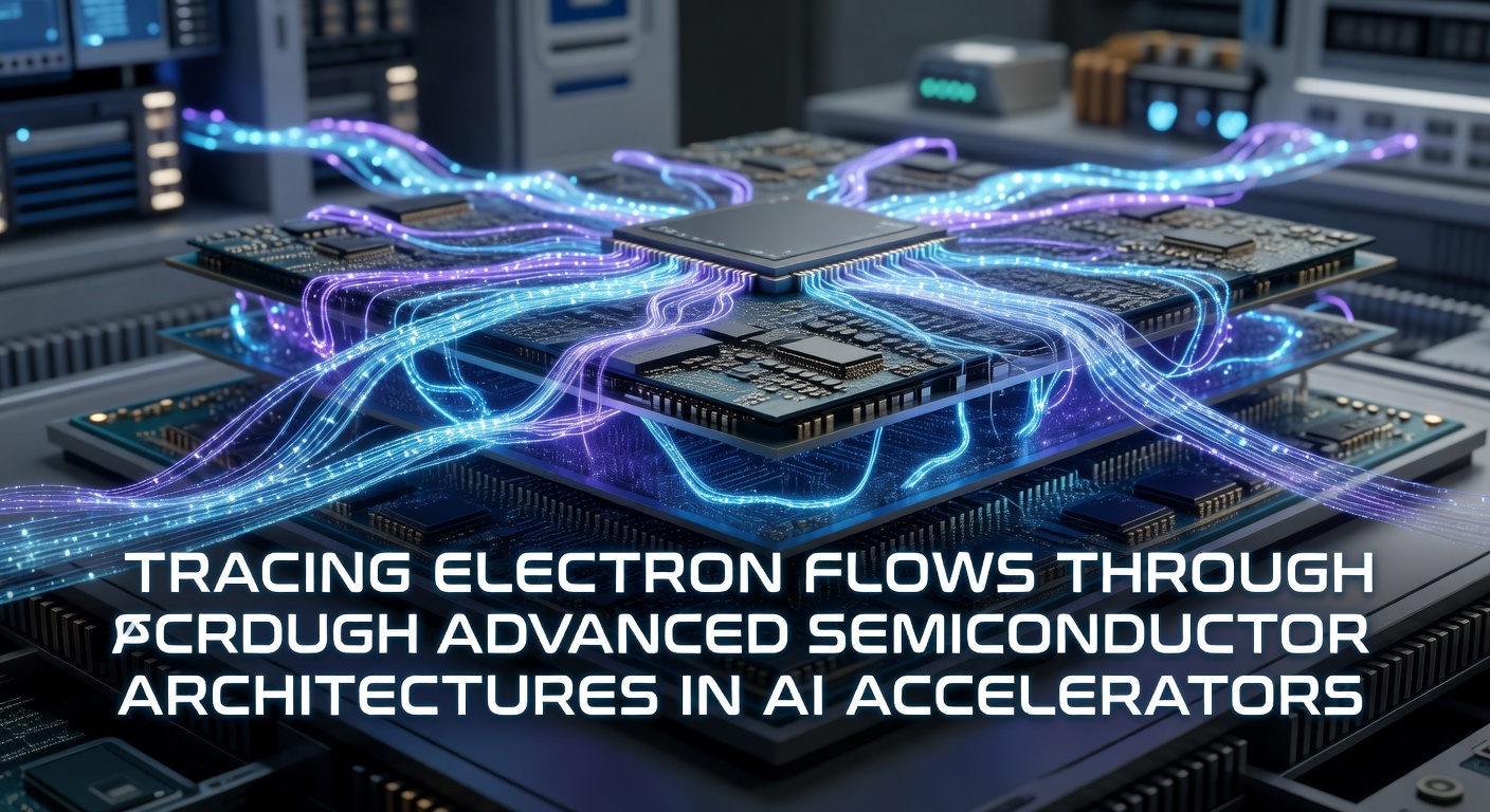 Diagram showing electron flow patterns across layered semiconductor structures in an AI accelerator chip