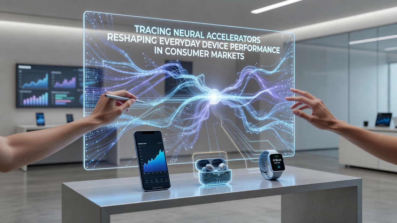 Neural accelerator chips integrated into modern consumer smartphones and laptops showing performance metrics