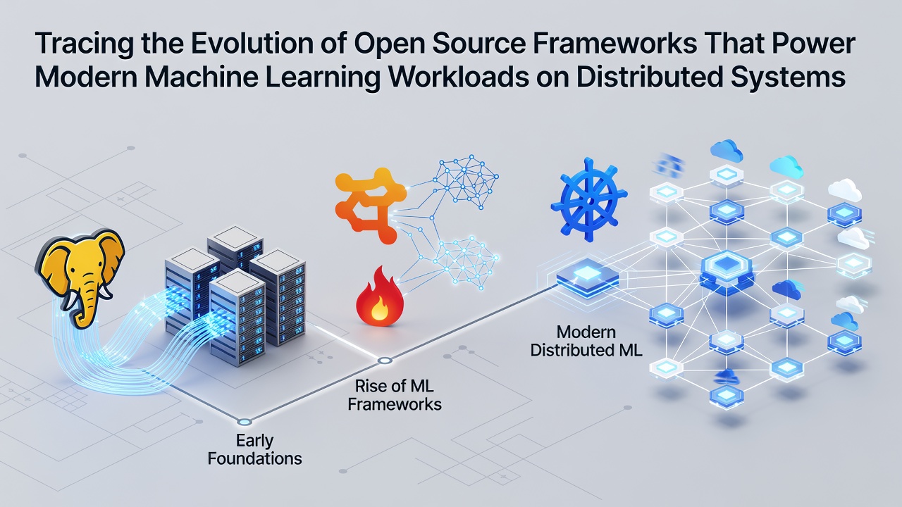 Timeline visualization showing progression of open source machine learning frameworks from early distributed systems to current cluster-scale deployments